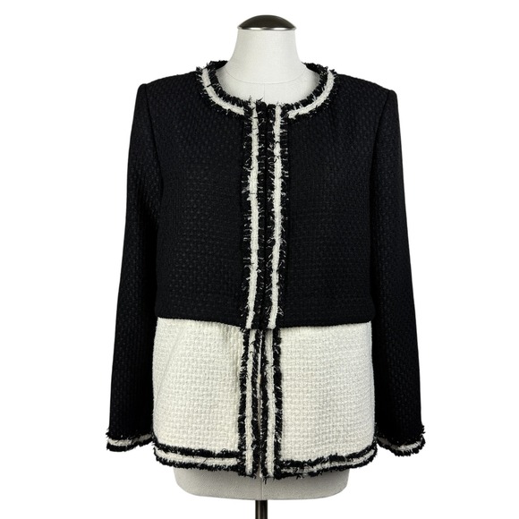 Alice + Olivia Women's Kidman Tweed Jacket Black White Fringe Trim Cropped XL - Picture 1 of 13
